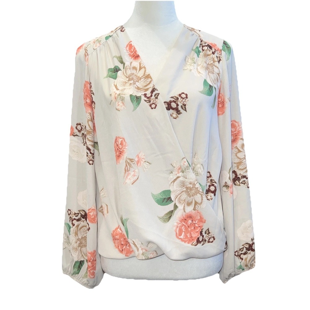 NEW INC~Small~International Concepts surplice long sleeve Blouse beige Floral